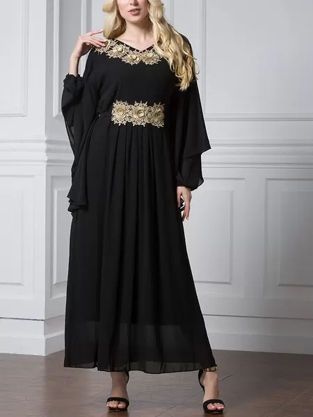 Morgana Plus Size Hijab Muslim Jubah Abaya Evening Gold Embellishment Short Sleeve Maxi Dress