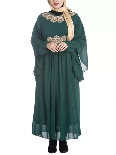 Morgana Plus Size Hijab Muslim Jubah Abaya Evening Gold Embellishment Short Sleeve Maxi Dress