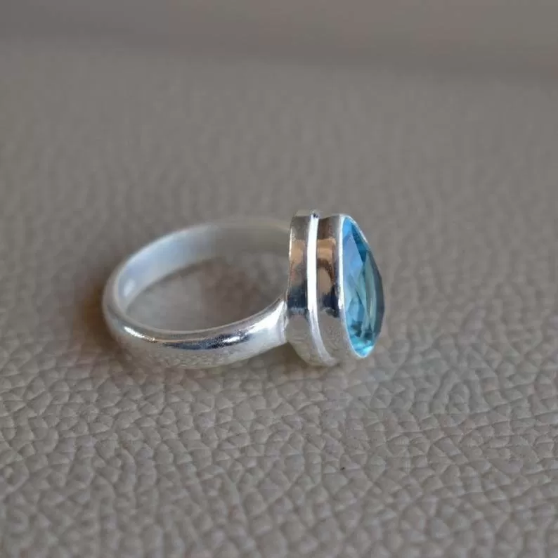 Natural Blue Topaz Ring-Handmade Silver Ring-925 Sterling Silver Ring-Teardrop Blue Topaz Ring-Gift for her-December Birthstone-Promise Ring