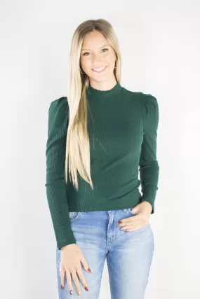 Olive Puff Sleeve Mock Neck Ribbed Top