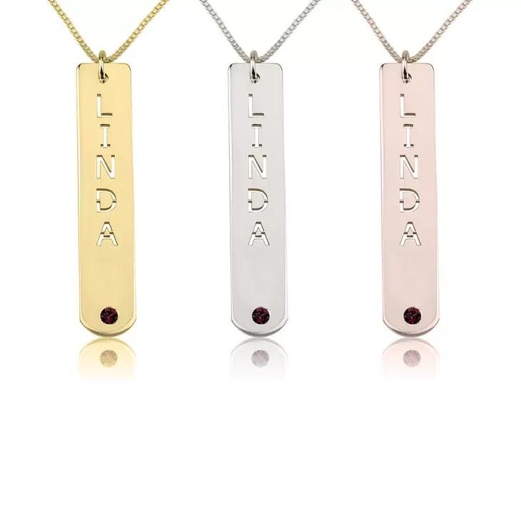 Personalized Vertical Gold Bar Necklace with Birthstone