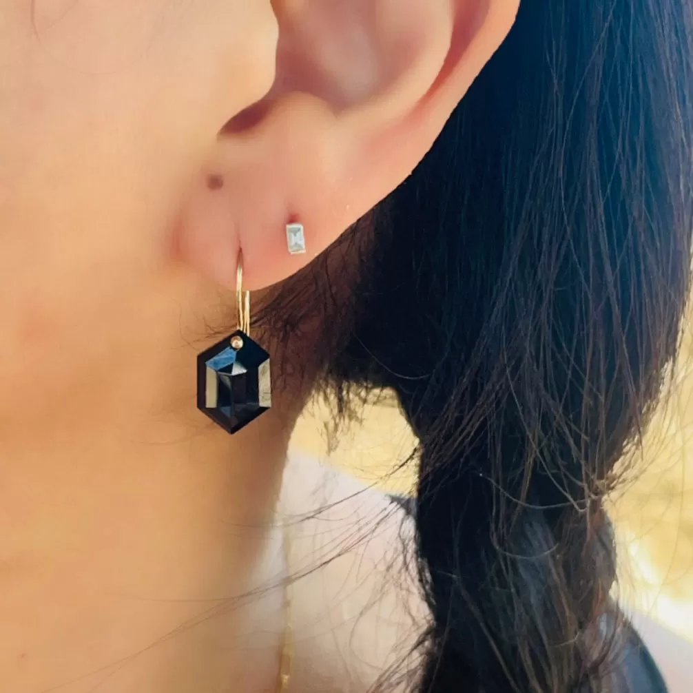 Petite hexagon black spinel earrings