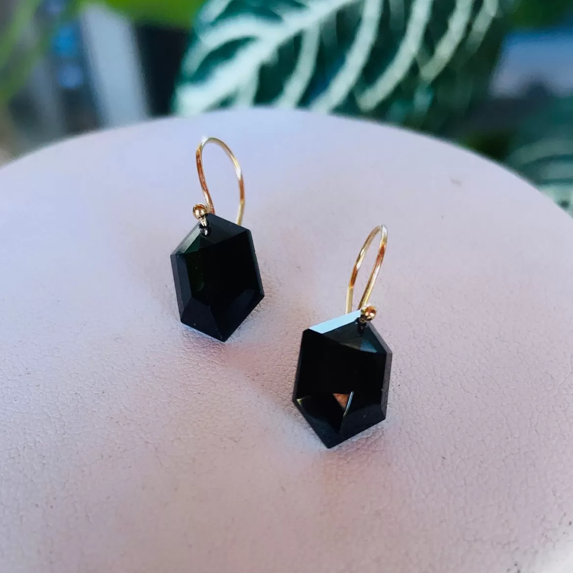 Petite hexagon black spinel earrings