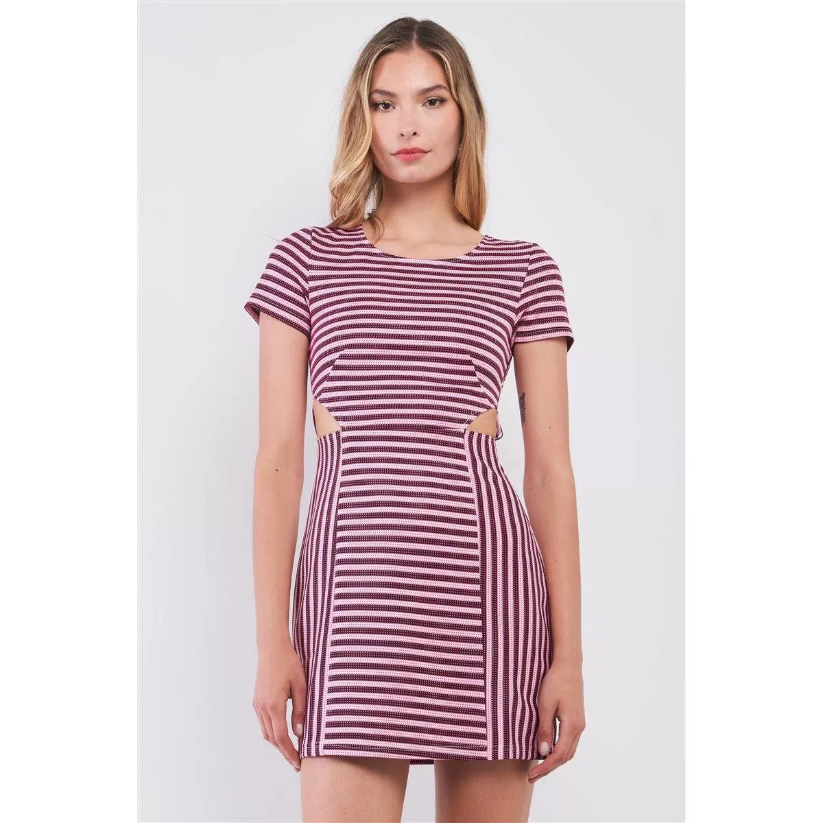 Pink & Black Striped Short Sleeve Cut-out Detail Tight Fit Mini Dress