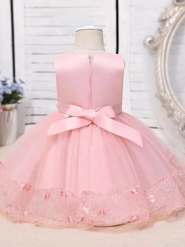 Pink Jewel Neck Flower Girl Dresses Sleeveless Cotton Tulle Flowers Kids Party Dresses