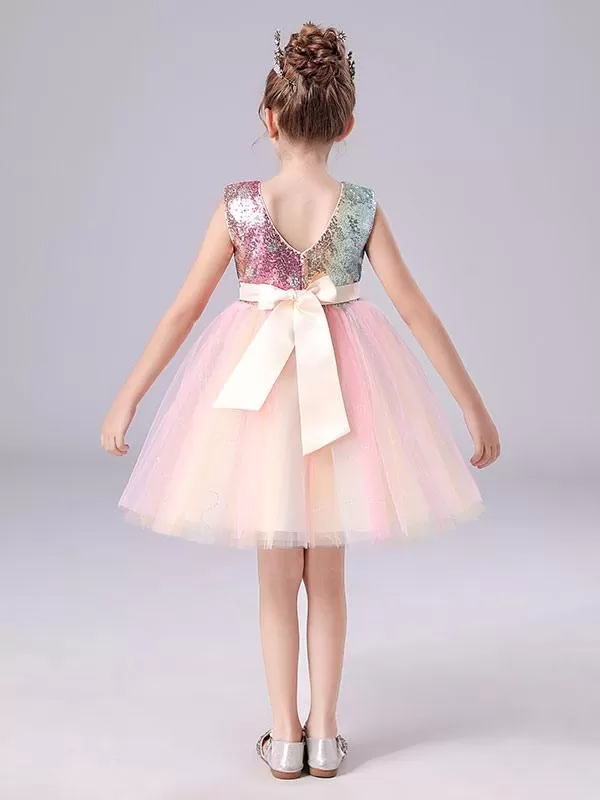 Pink Sequined Tulle Short DressJewel Neck Sleeveless Bows Kids Social Party Dresses