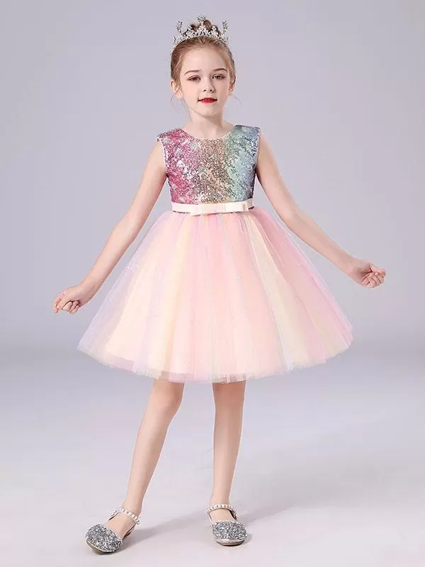 Pink Sequined Tulle Short DressJewel Neck Sleeveless Bows Kids Social Party Dresses