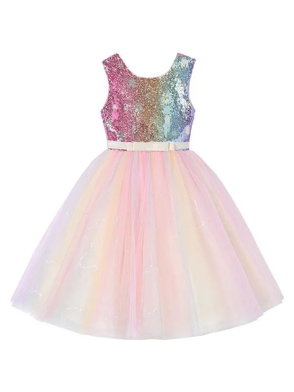 Pink Sequined Tulle Short DressJewel Neck Sleeveless Bows Kids Social Party Dresses