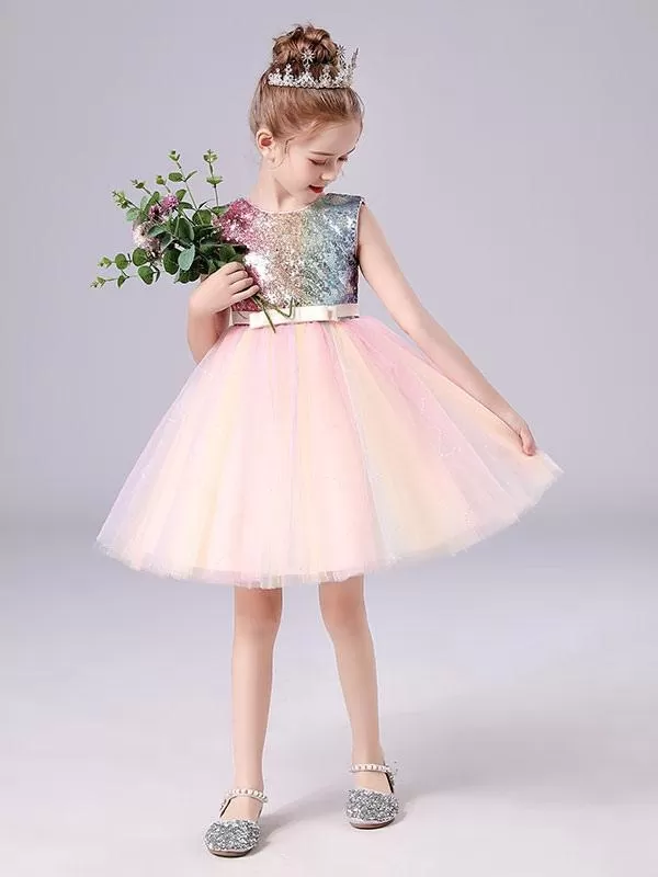 Pink Sequined Tulle Short DressJewel Neck Sleeveless Bows Kids Social Party Dresses