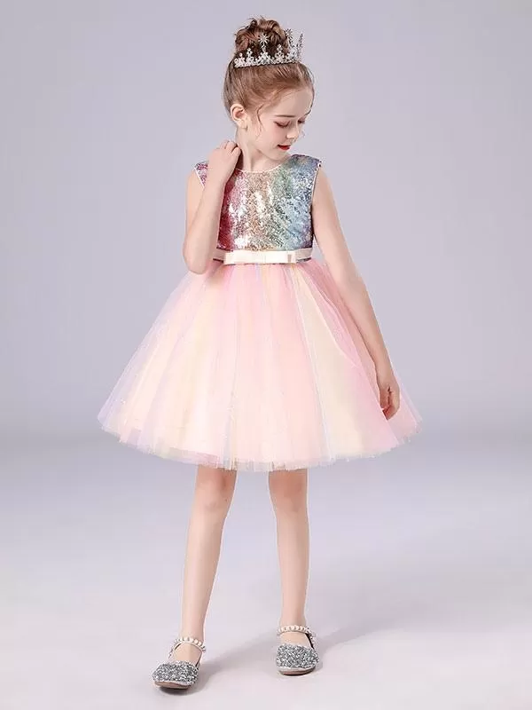 Pink Sequined Tulle Short DressJewel Neck Sleeveless Bows Kids Social Party Dresses