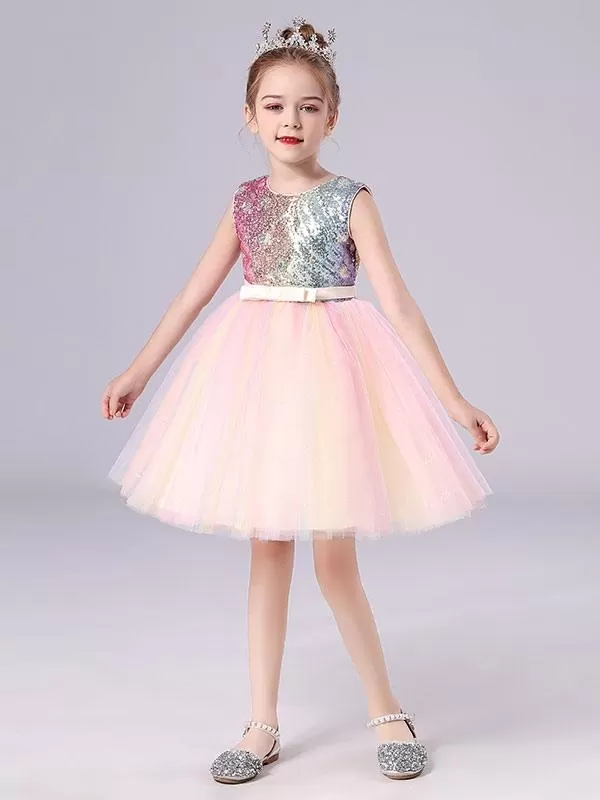 Pink Sequined Tulle Short DressJewel Neck Sleeveless Bows Kids Social Party Dresses