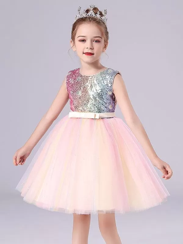 Pink Sequined Tulle Short DressJewel Neck Sleeveless Bows Kids Social Party Dresses