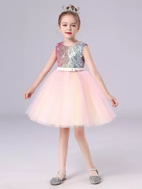 Pink Sequined Tulle Short DressJewel Neck Sleeveless Bows Kids Social Party Dresses