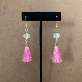 Pink Tassel and Clear Crystal Dangle Earrings