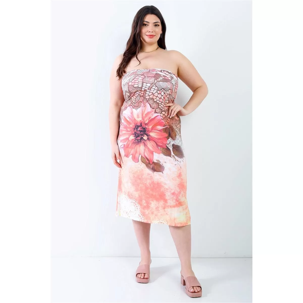 Plus Peach Flower Print Sleeveless Midi Dress