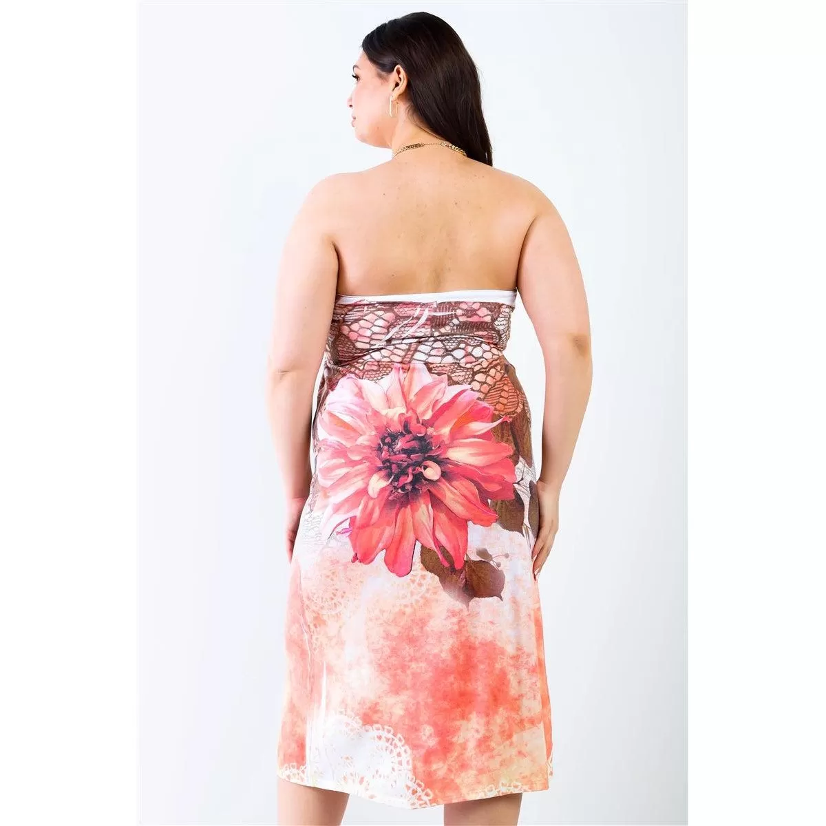 Plus Peach Flower Print Sleeveless Midi Dress