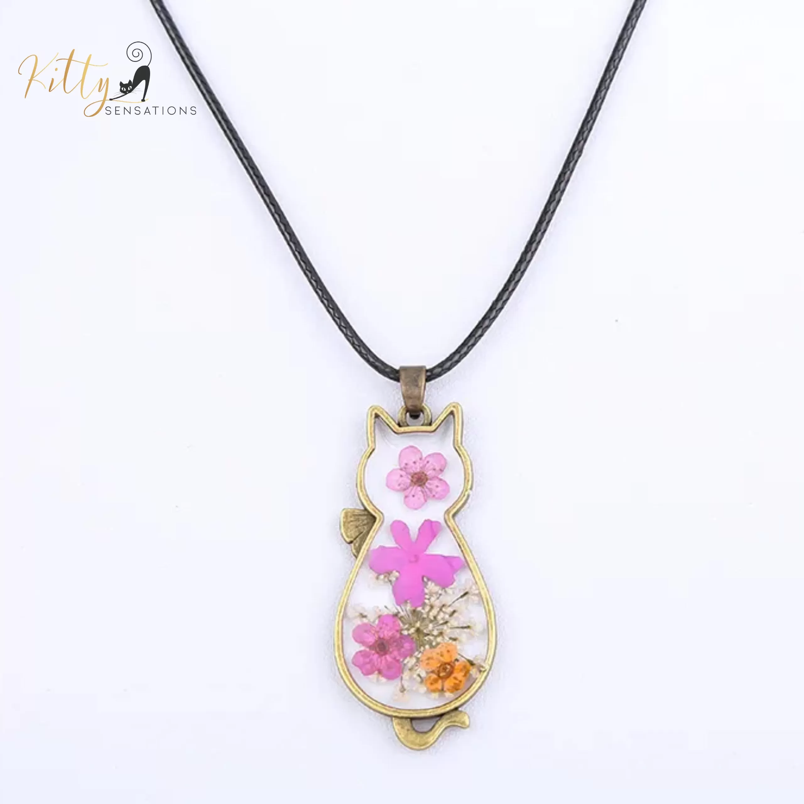 Pressed Flower Cat Necklace in Acrylic and Real Flowers