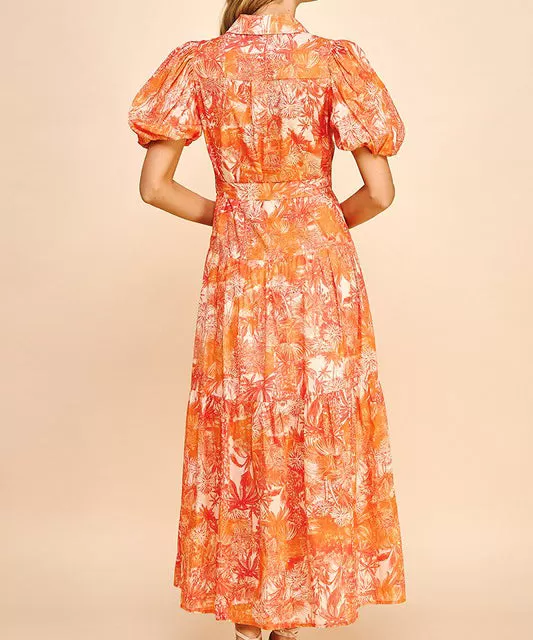 Printed Button Down Maxi Dress - Orange Multi