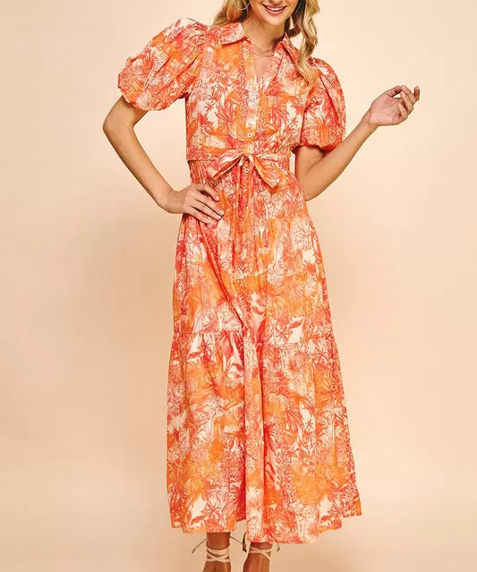 Printed Button Down Maxi Dress - Orange Multi