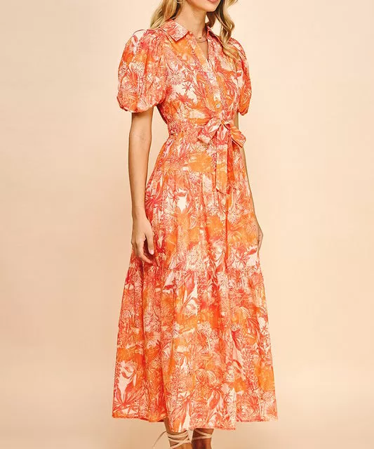 Printed Button Down Maxi Dress - Orange Multi