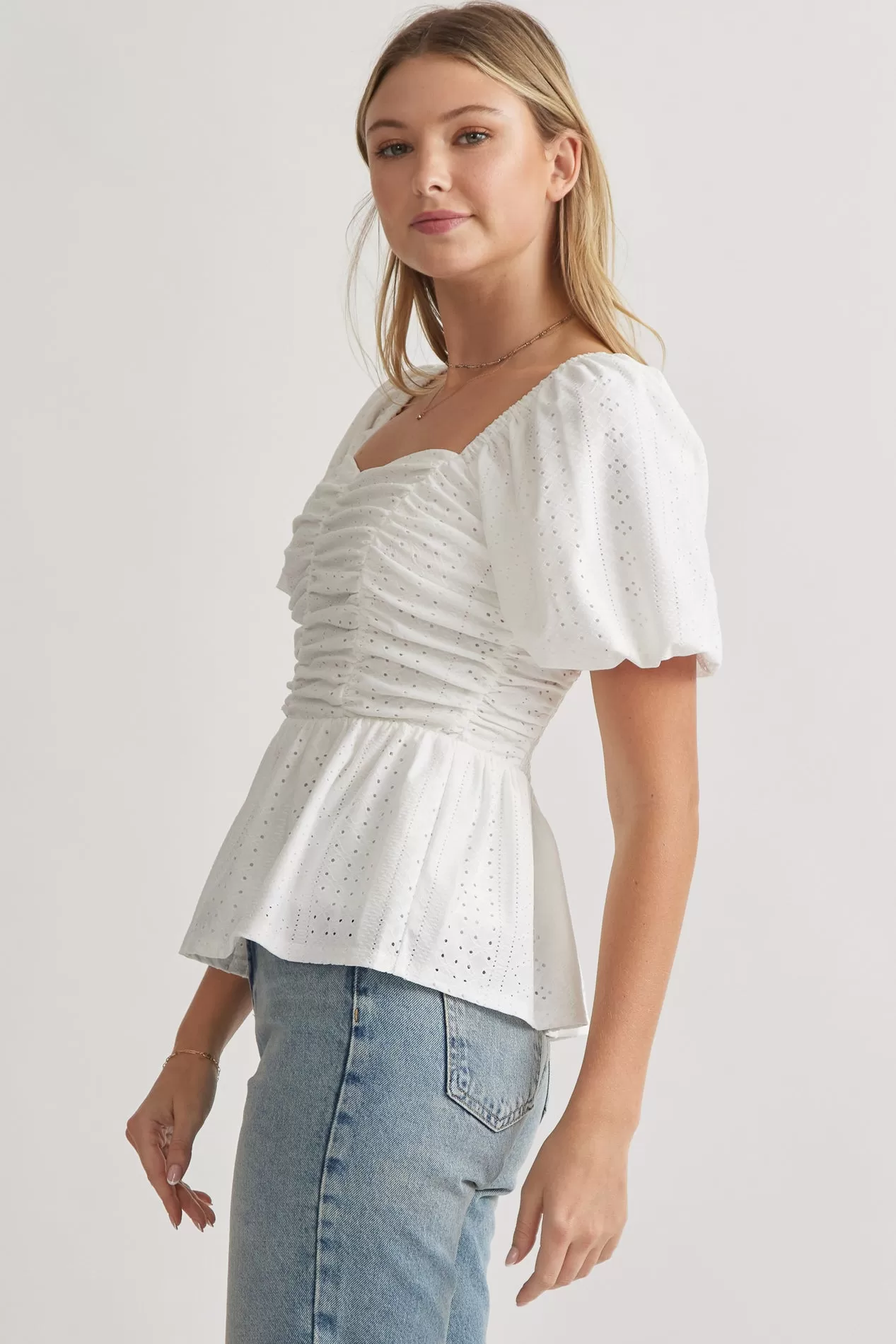 Puff Sleeve Eyelet Sweetheart Neckline Top