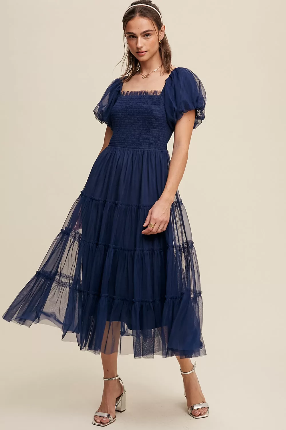 Puff Sleeve Smocked Mesh Maxi Dress