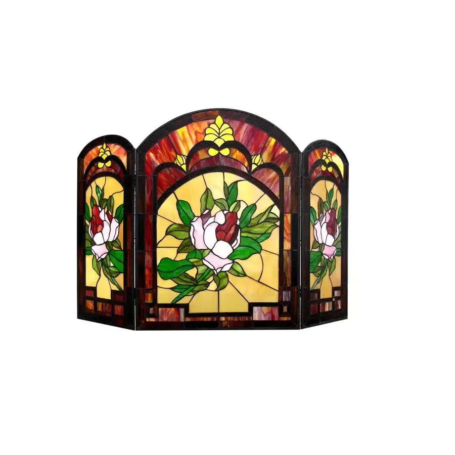 "IGGY" Tiffany-glass Floral Design 3pcs Folding Fireplace Screen