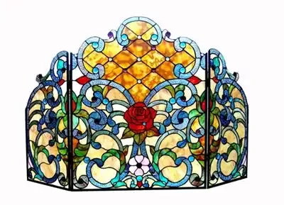 "ROZE" Tiffany-glass Rose 3pcs Folding Fireplace Screen