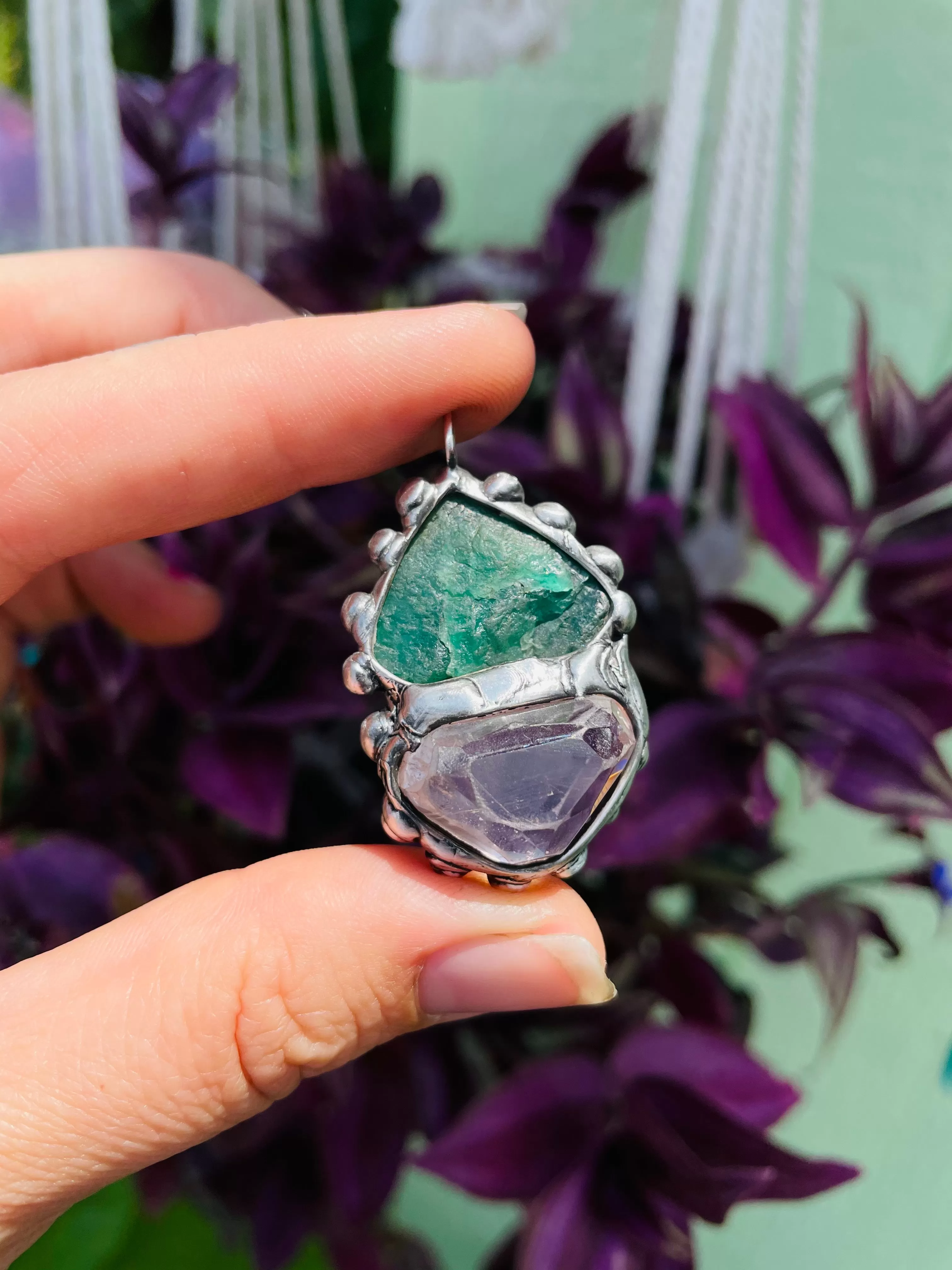 Raw Emerald and Gumdrop Gem Kunzite amulet