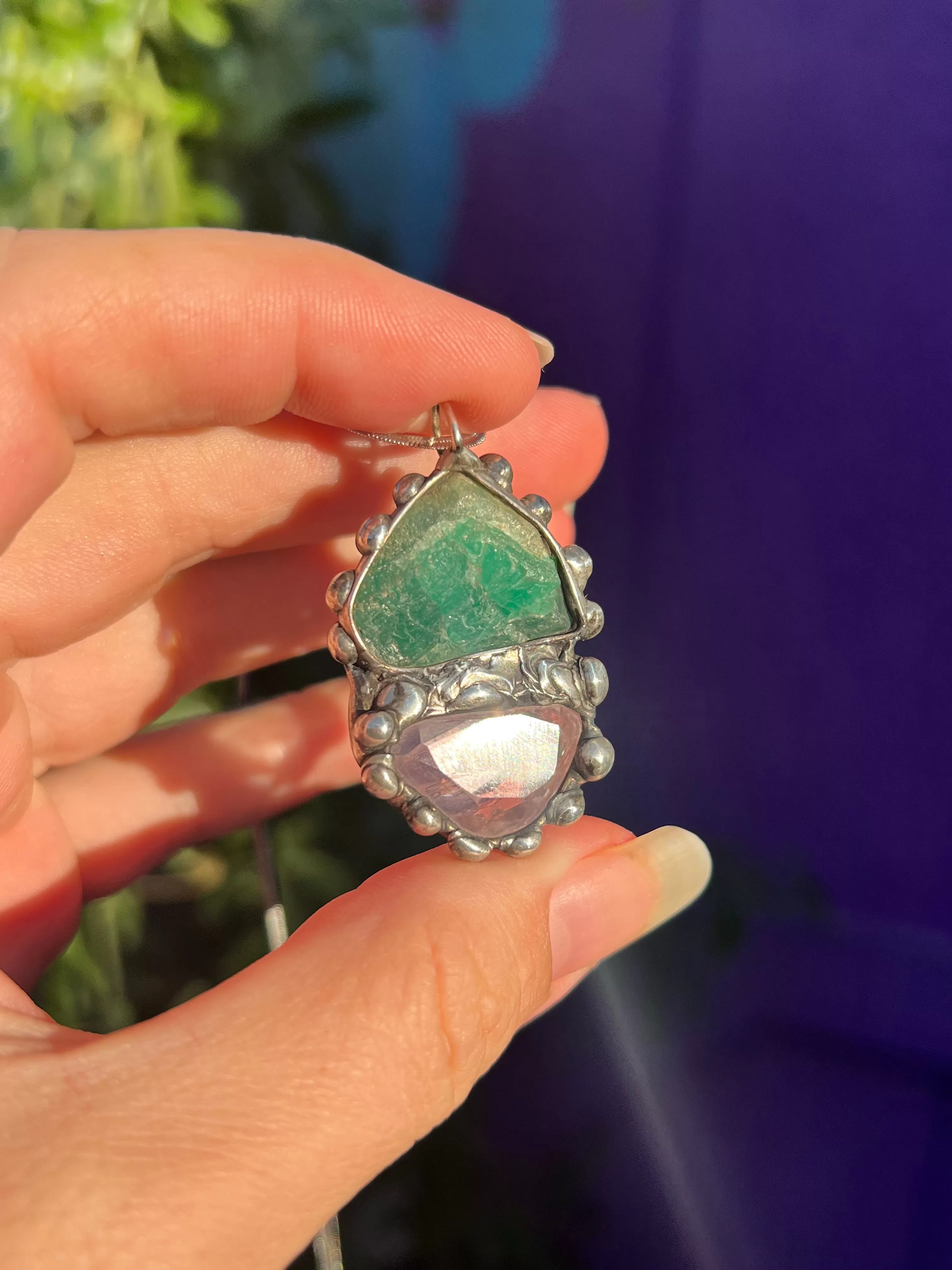 Raw Emerald and Gumdrop Gem Kunzite amulet