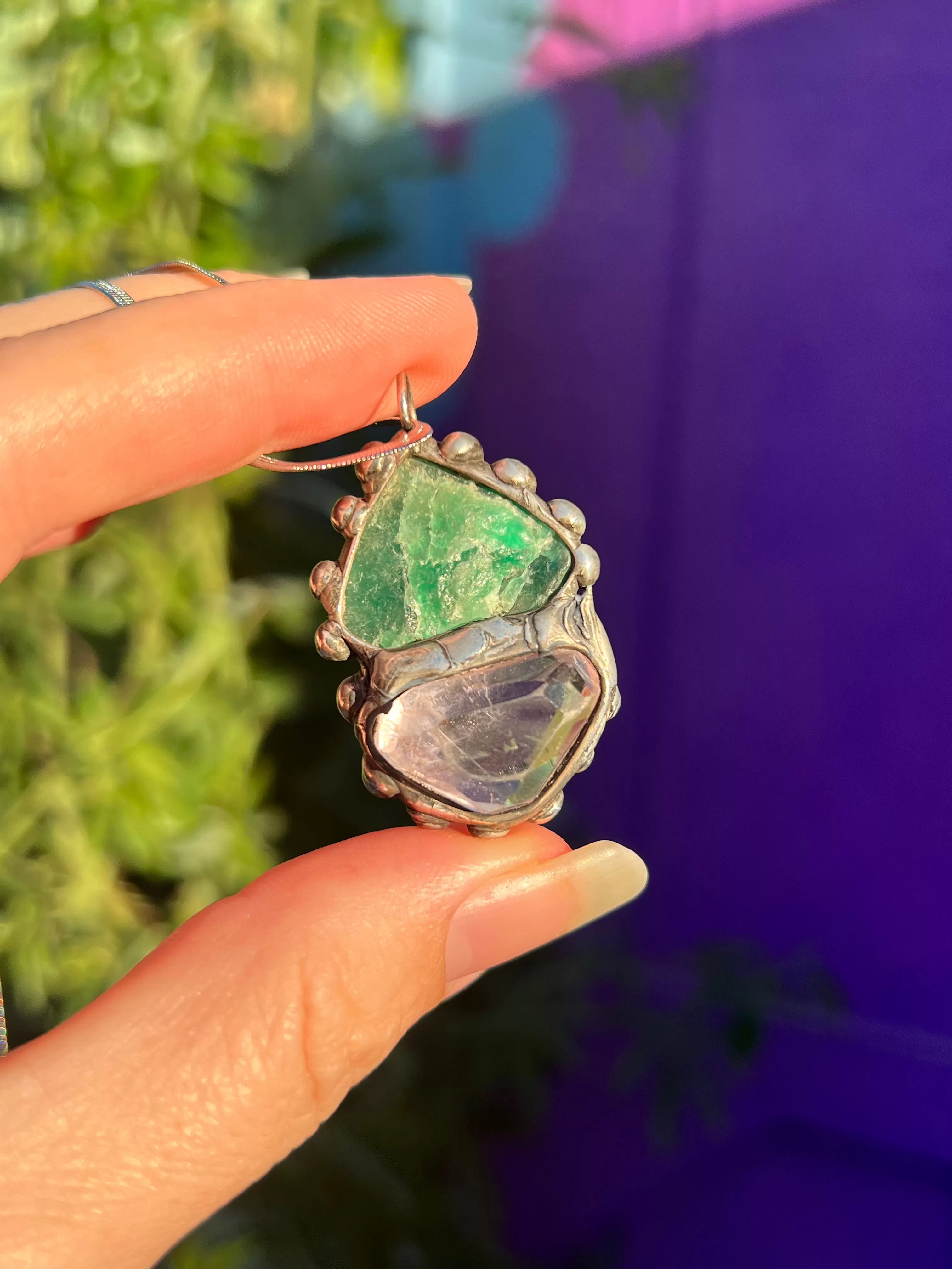 Raw Emerald and Gumdrop Gem Kunzite amulet