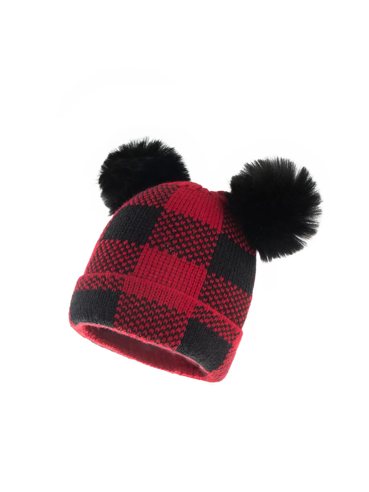 Red & Black Plaid Hairball Knitted Child Hat