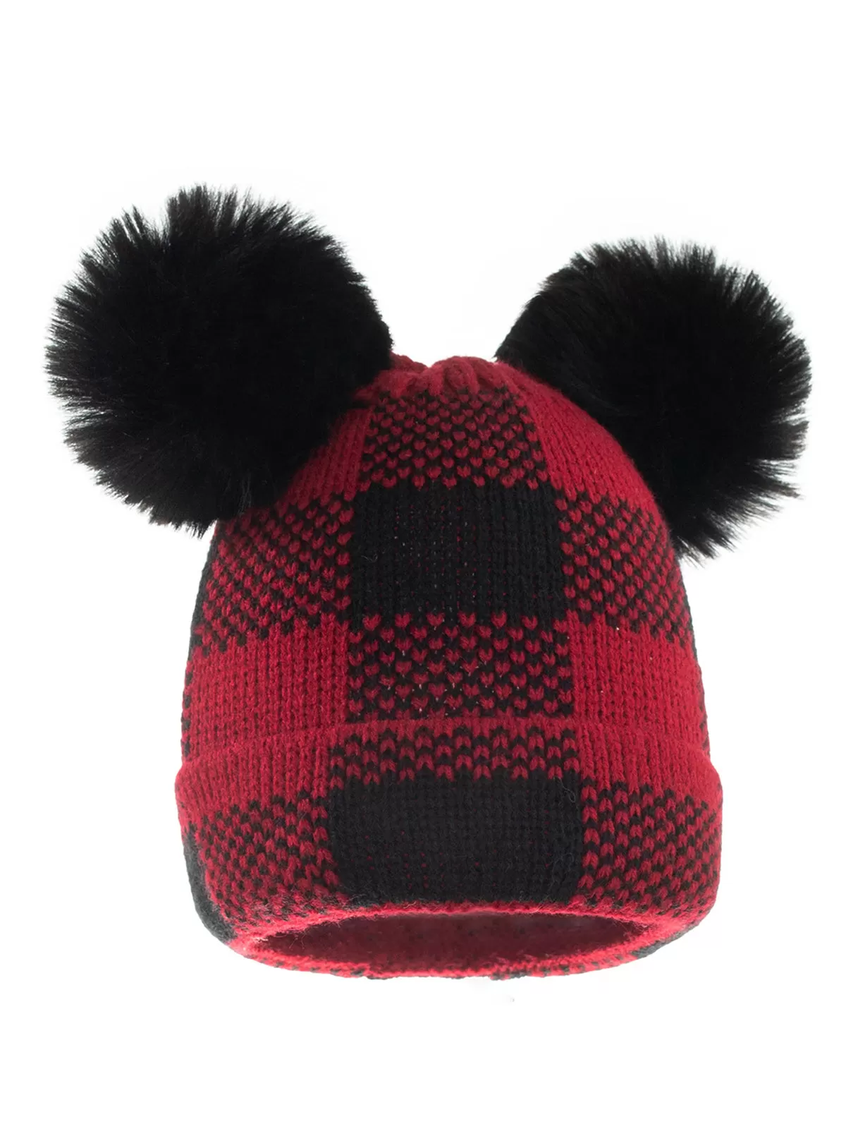 Red & Black Plaid Hairball Knitted Child Hat