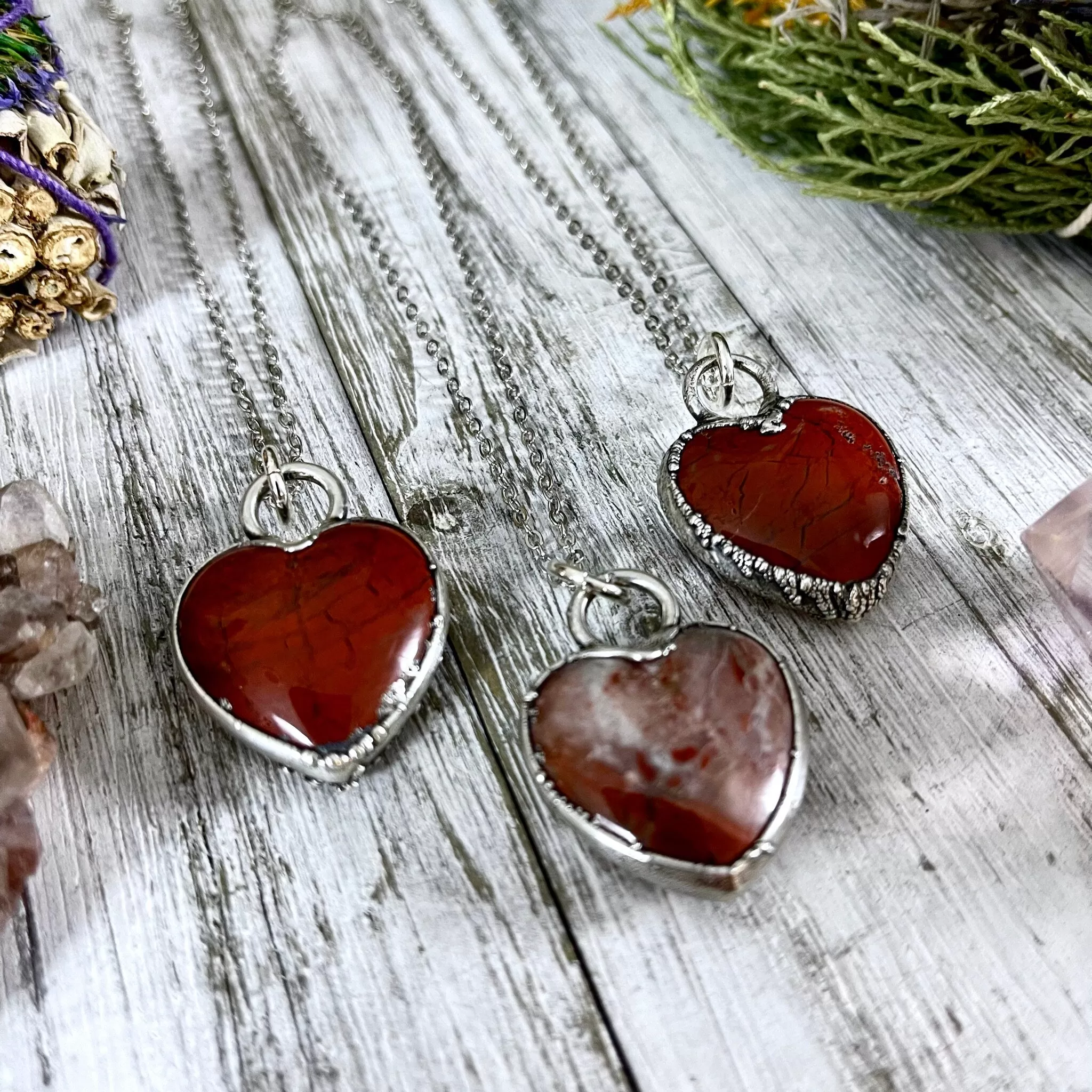 Red Jasper Crystal Heart Necklace in Fine Silver / Stone Pendant