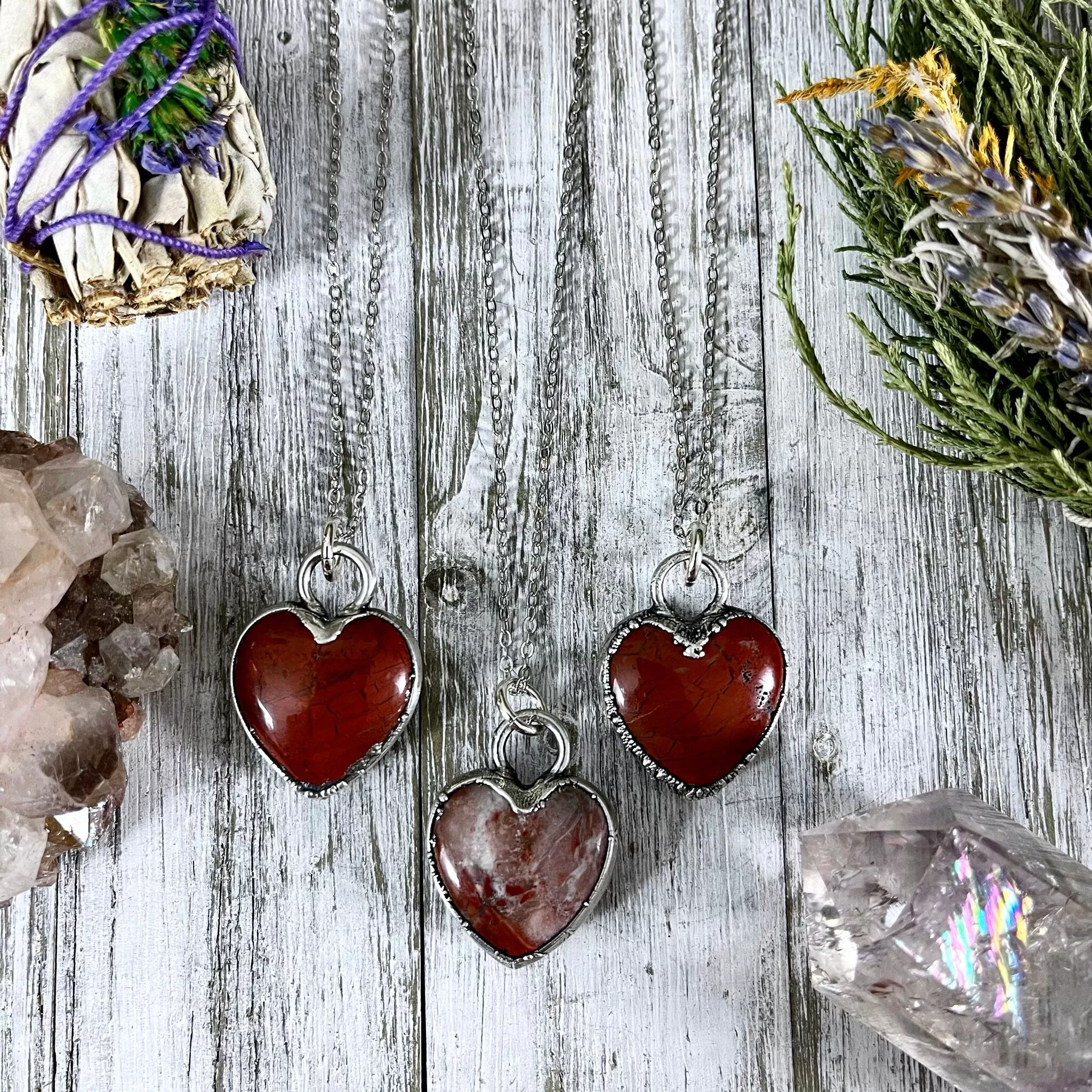 Red Jasper Crystal Heart Necklace in Fine Silver / Stone Pendant