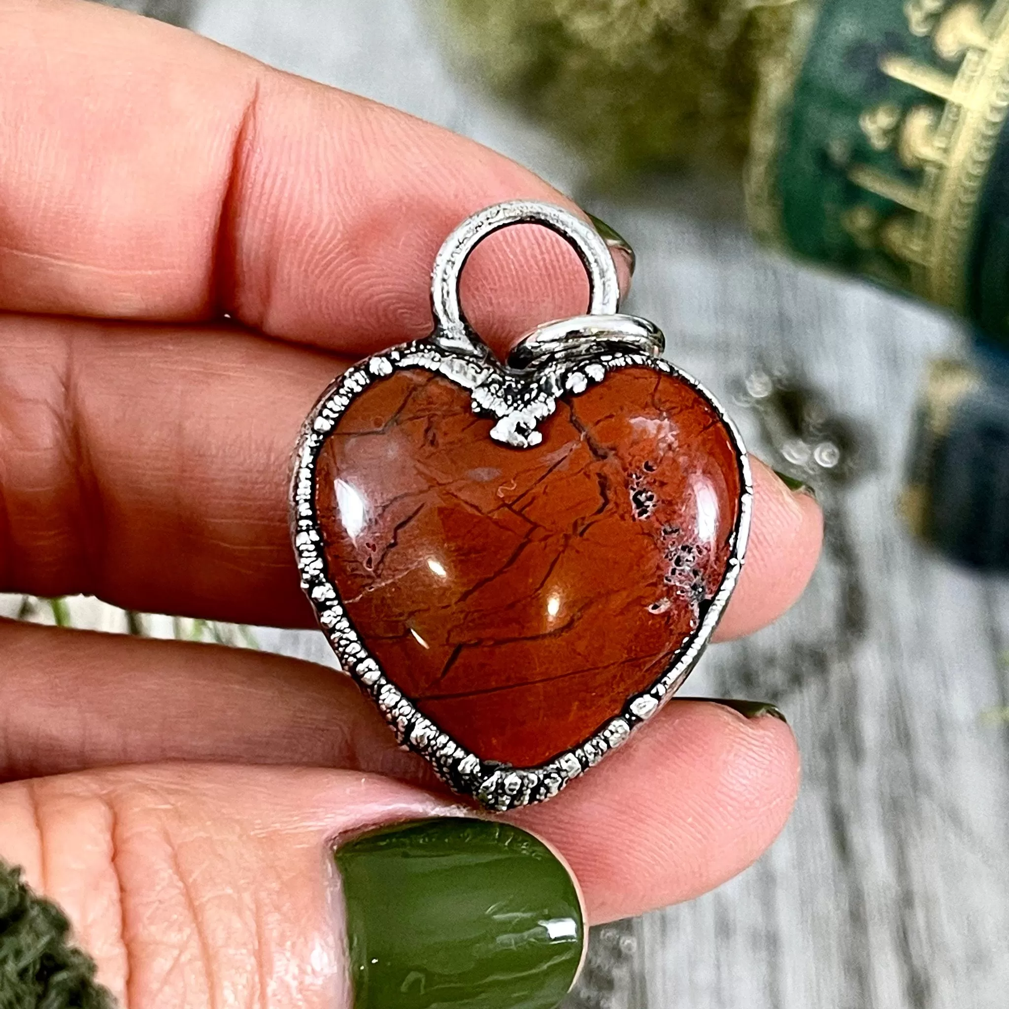 Red Jasper Crystal Heart Necklace in Fine Silver / Stone Pendant