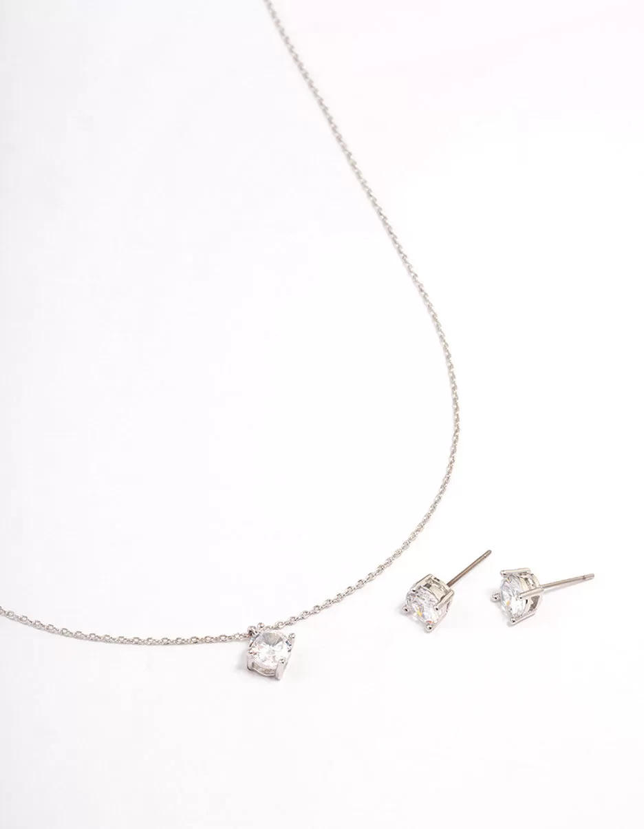 Rhodium Cubic Zirconia Round Earring & Necklace Set