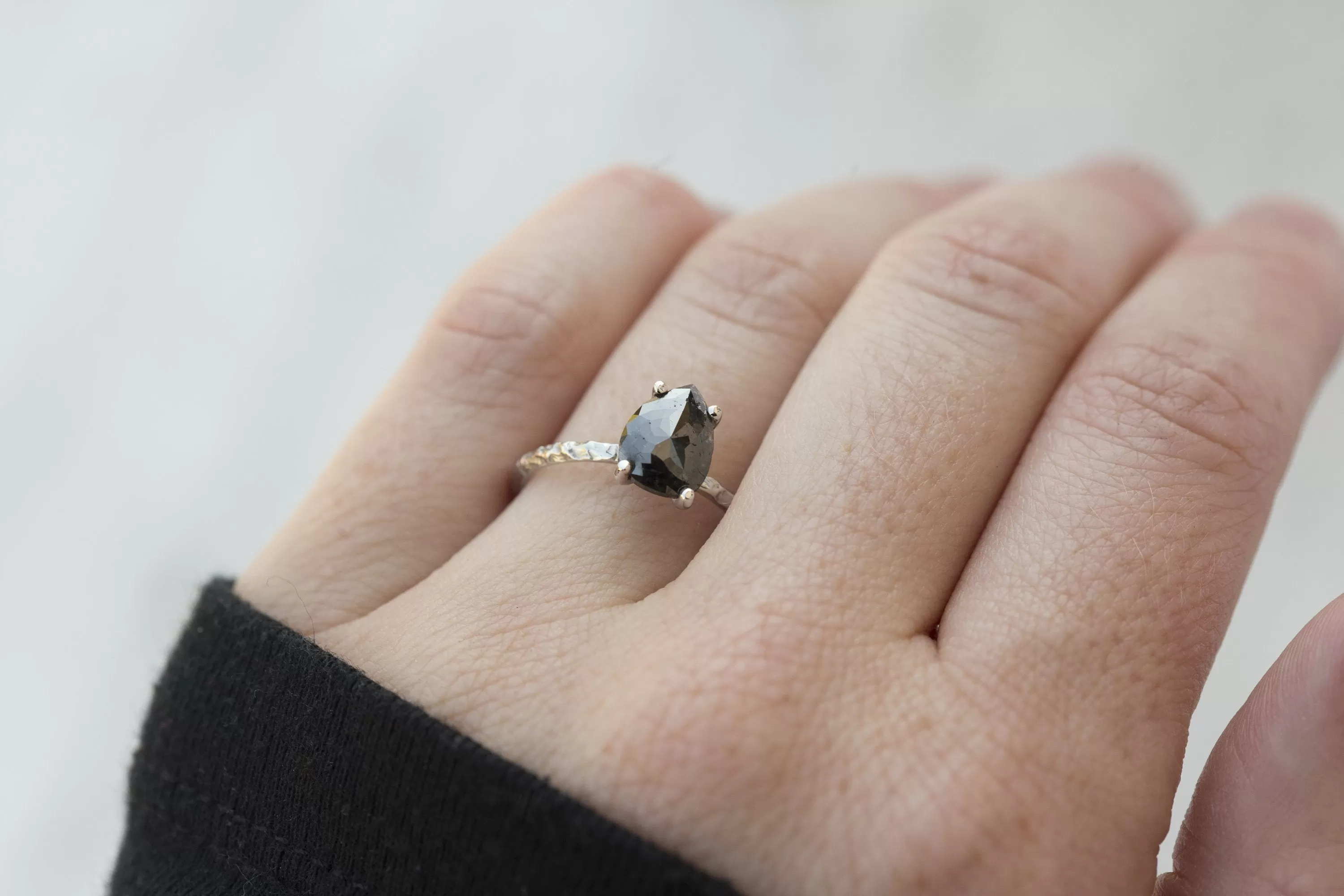 Rosecut Black Pear Diamond and Dainty Carved White Gold Solitaire Engagement Ring - Low Profile Rosecut Ring - Skinny Band - Hand carved by Anueva Jewelry