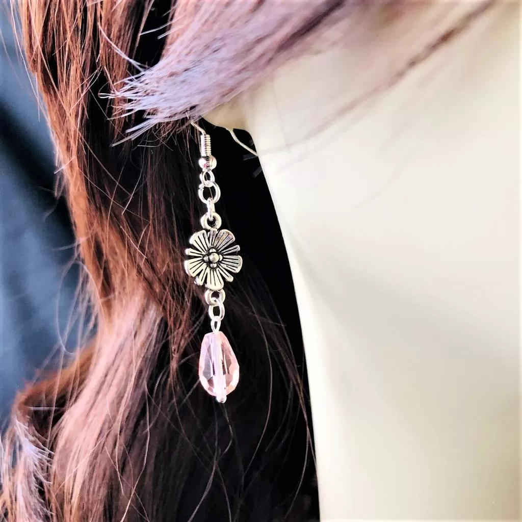 Silver Flower With Colored Crystal Teardrop Earrings