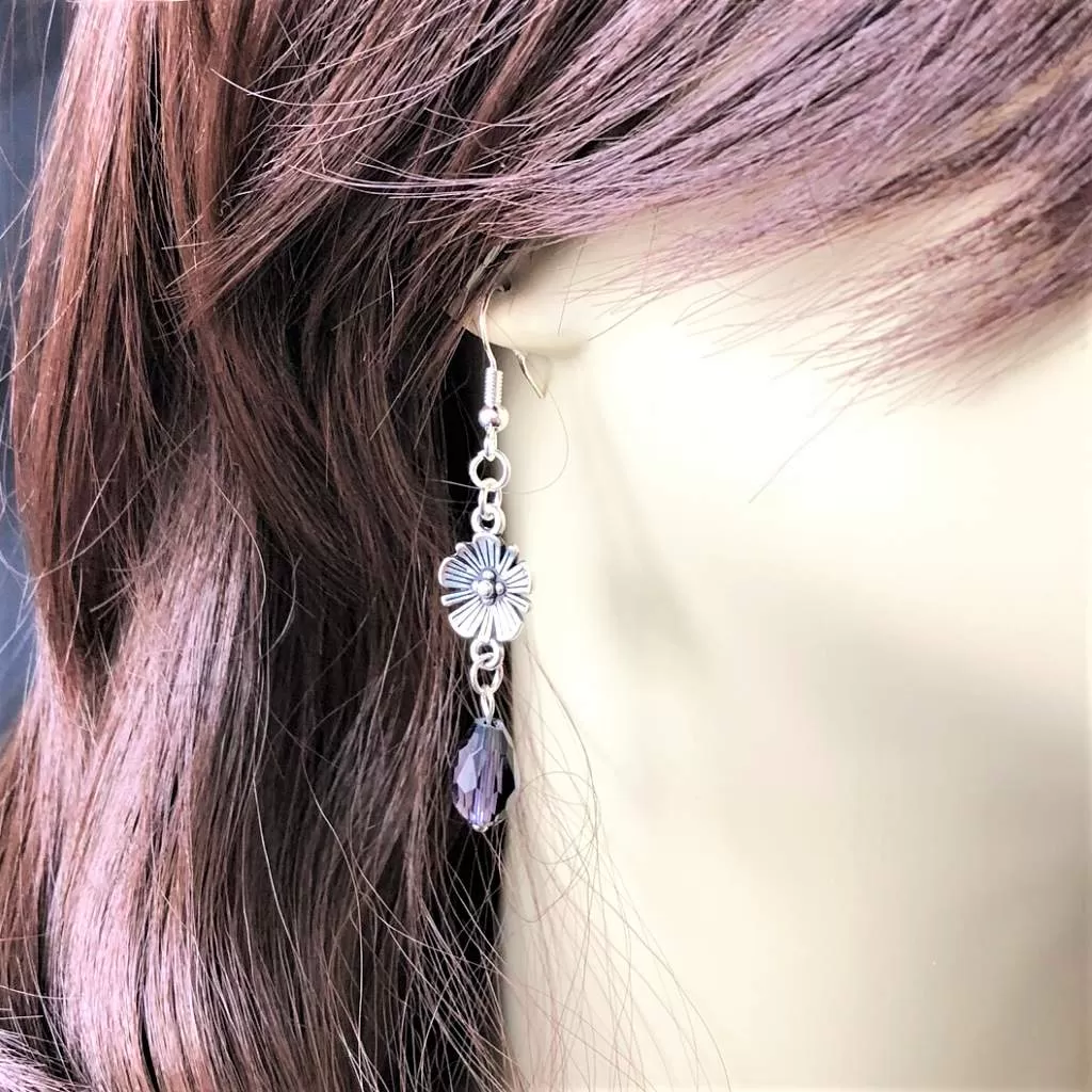 Silver Flower With Colored Crystal Teardrop Earrings