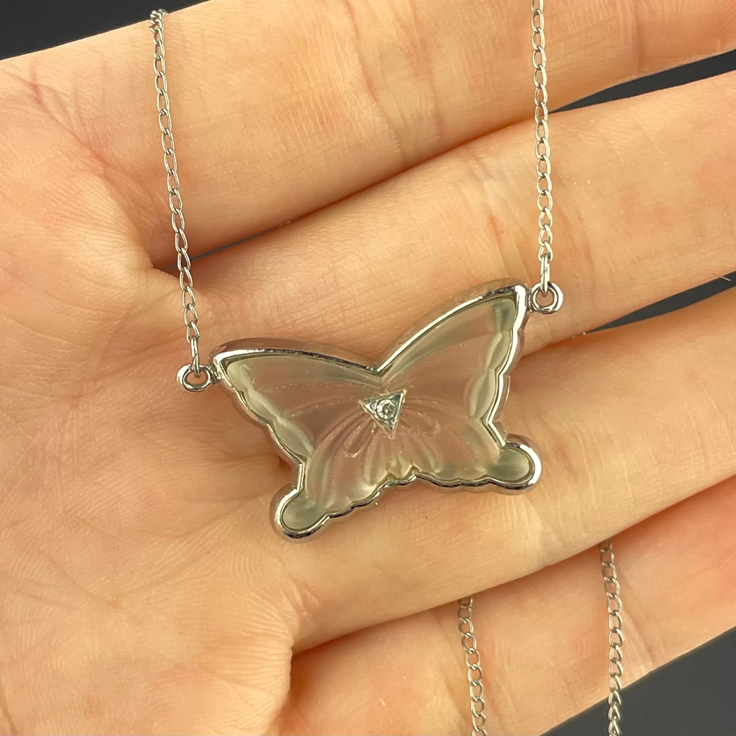 Silver Rock Crystal Diamond Butterfly Pendant Necklace