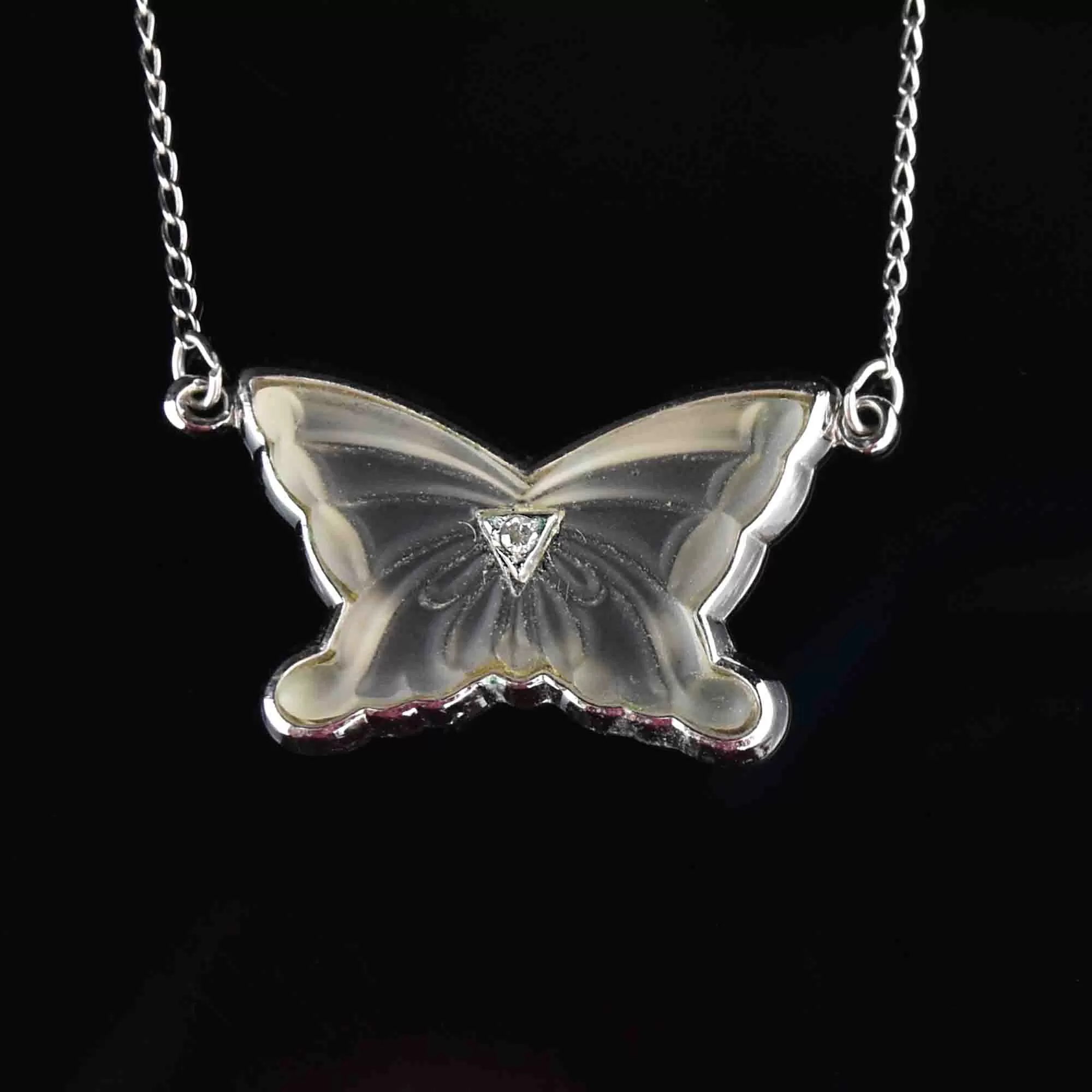 Silver Rock Crystal Diamond Butterfly Pendant Necklace