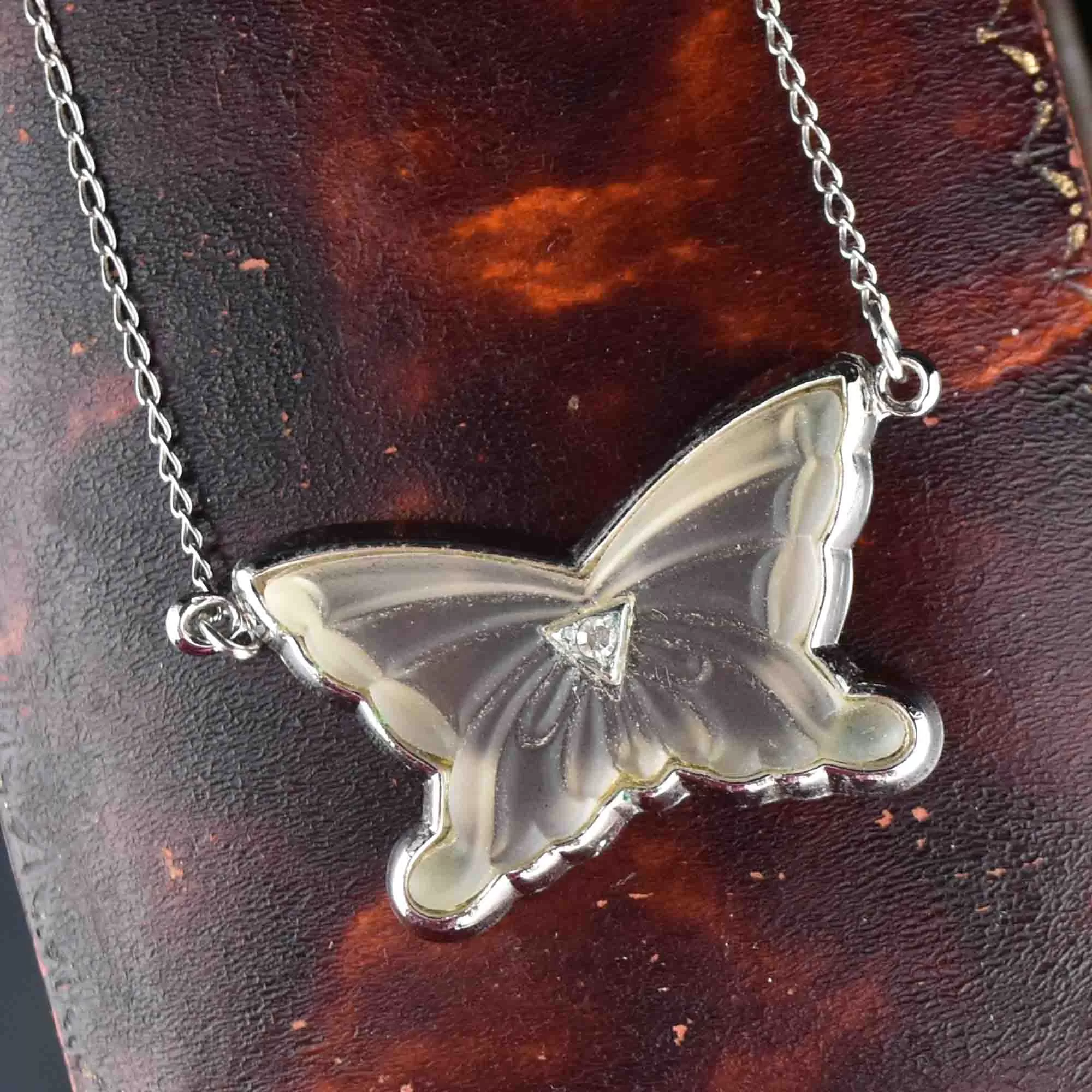 Silver Rock Crystal Diamond Butterfly Pendant Necklace