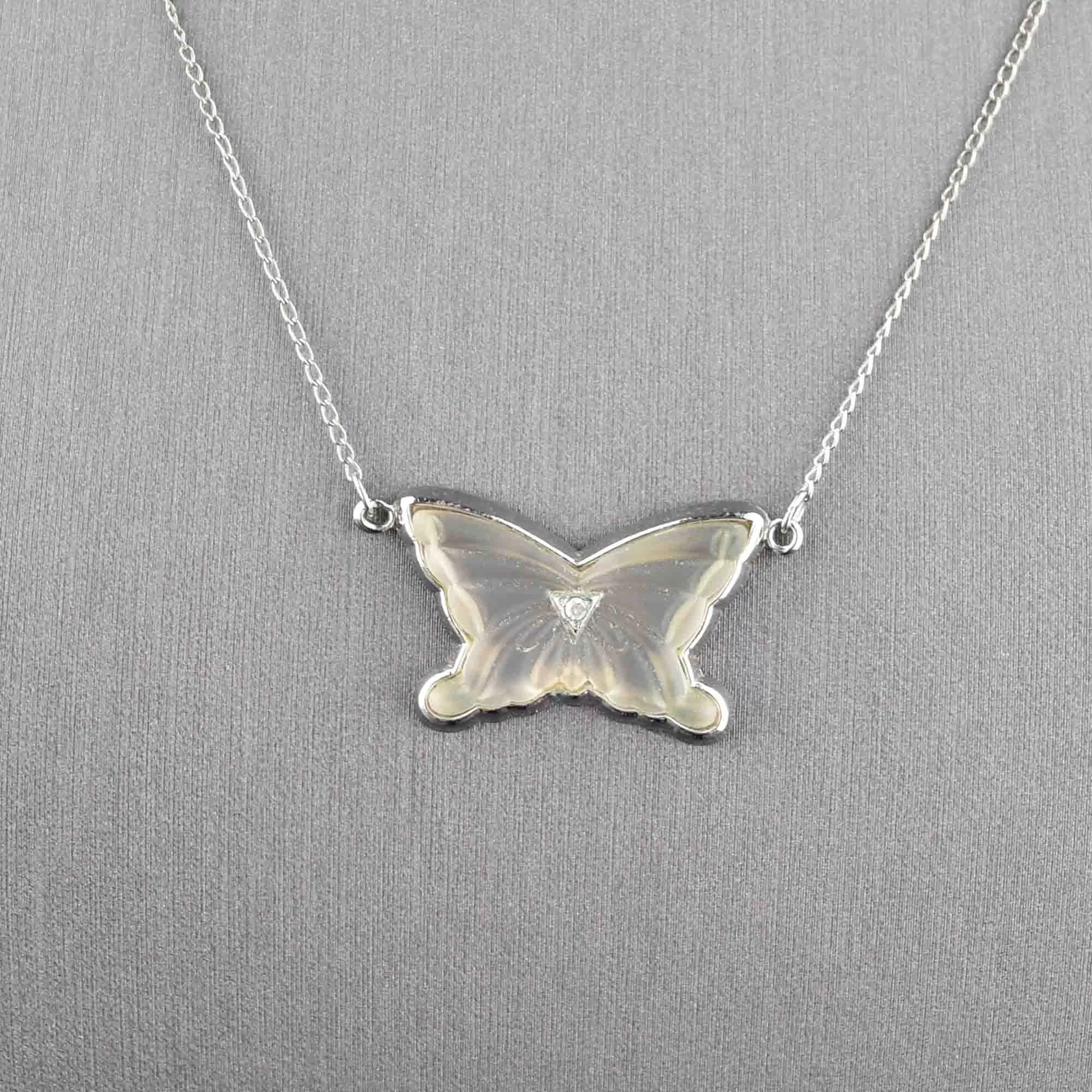 Silver Rock Crystal Diamond Butterfly Pendant Necklace