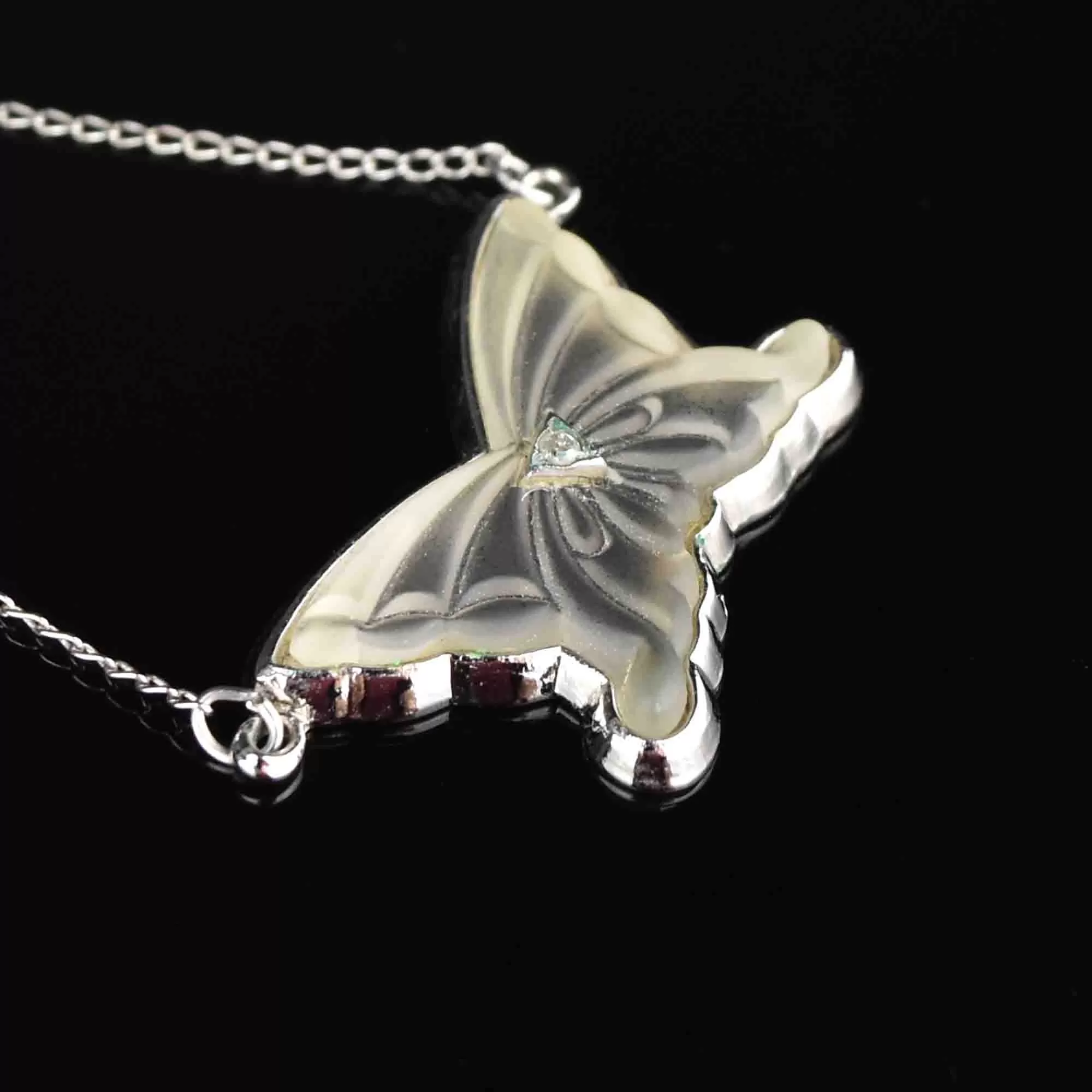 Silver Rock Crystal Diamond Butterfly Pendant Necklace