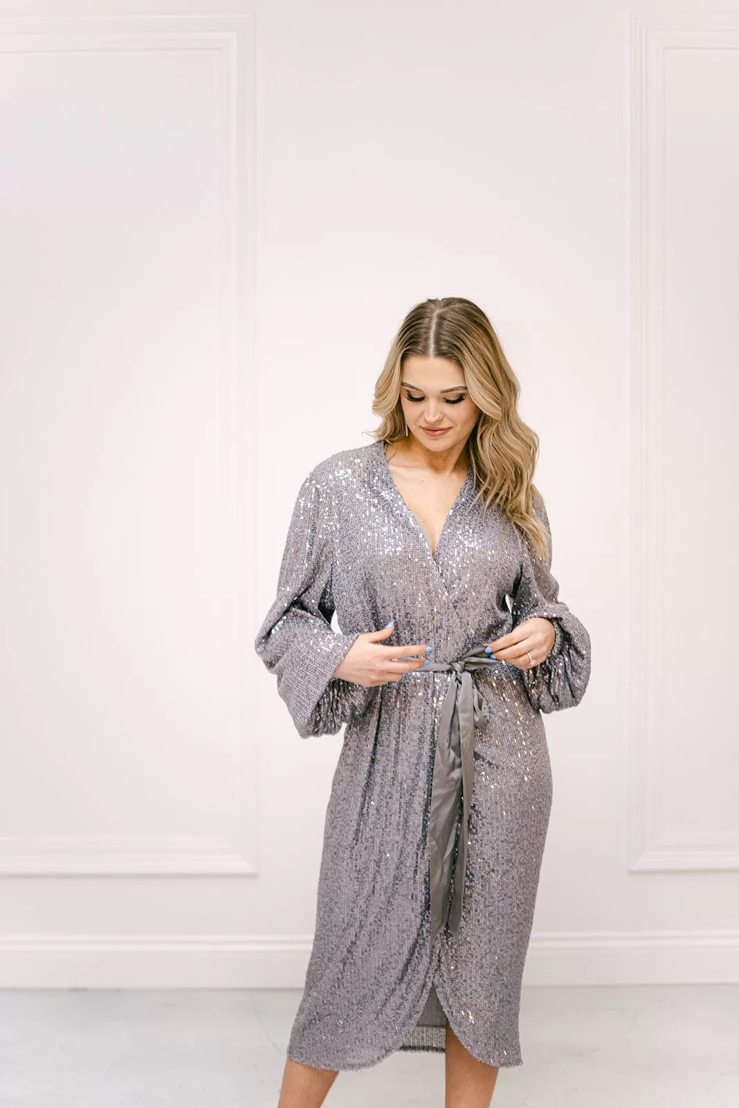 Silver Sequin Wrap Midi Dress