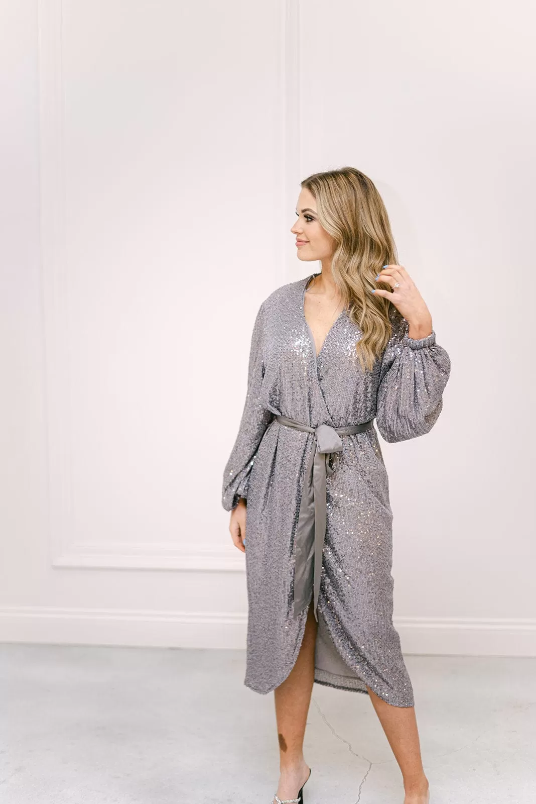 Silver Sequin Wrap Midi Dress