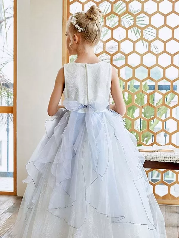 Sky Light Blue Floor Length Flower Girl Dresses V-Neck Sleeveless Tulle Bows Kids Social Party Dresses