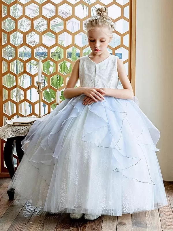 Sky Light Blue Floor Length Flower Girl Dresses V-Neck Sleeveless Tulle Bows Kids Social Party Dresses