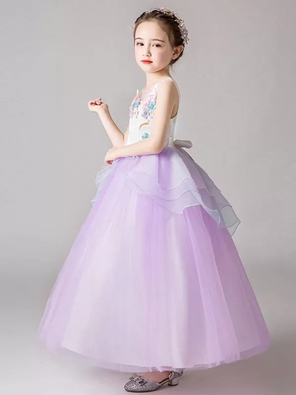 Sleeveless Flowers Kids Party Dresses with 3D Floral Organza Little Girl Dress